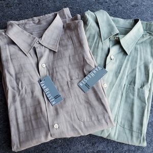 2 Short Sleeve Button Down Dress Shirts Tan and Green Men's